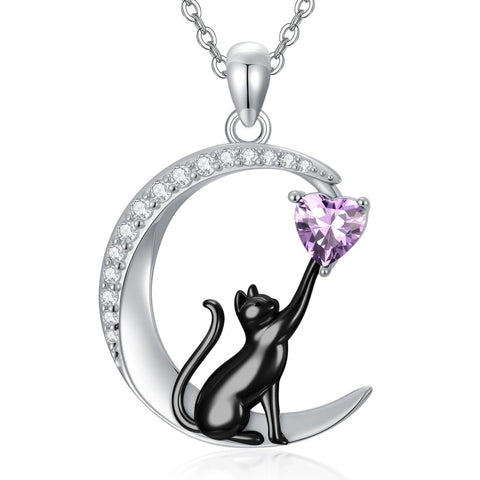 Sterling Silver Heart Birthstone Cat Pendant Necklace