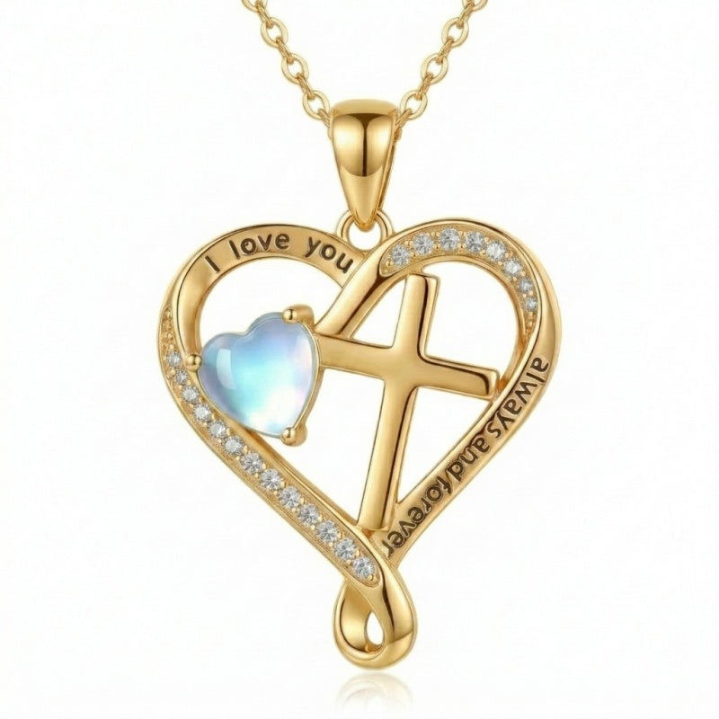 14K Gold Plated Heart  Birthstone Cross Necklace Engraved with I Love You Always and Forever