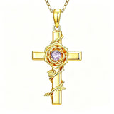 Birthstone Cross 14K Gold Plated Pendant Rose Cross Necklace for Women