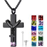 Stainless Steel Birthstones Cross Urn Necklaces for Ashes