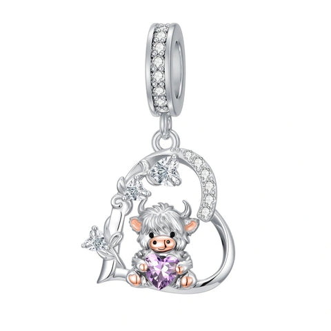 Sterling Silver 12 Month Birthstone Highland Cow Charm Beads