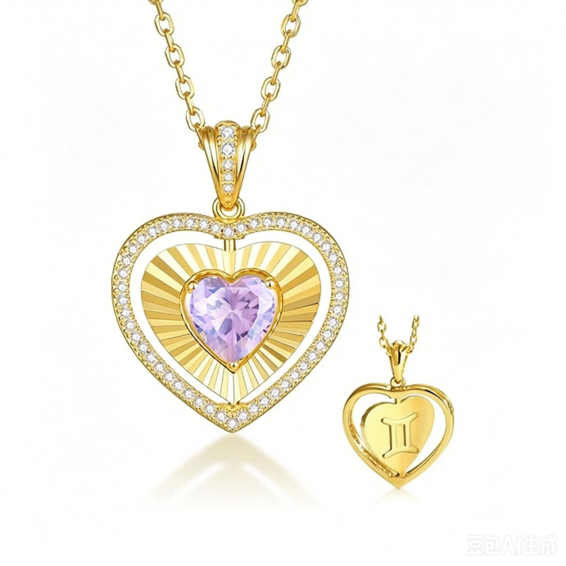 14K Gold  Plated Reversible Heart Birthstone Necklace with Zodiac Engraved Back Gifts for Women