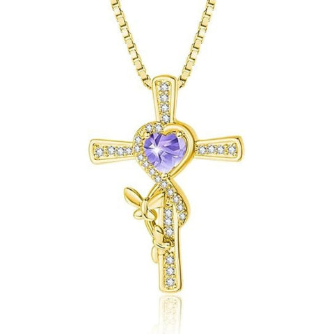 14K Gold Plated Birthstone Butterfly  Cross Pendant Necklace Anniversary Birthday for Her