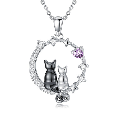 Sterling Silver Cubic Zirconia Two Cats Pendant Necklace