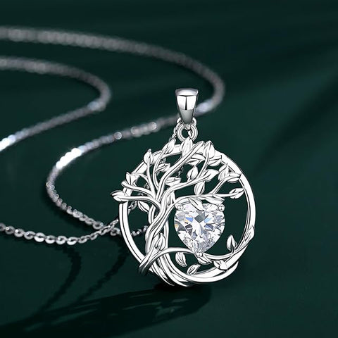 Sterling Silver Heart Birthstone Tree of Life Pendant Necklace