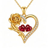 14K Gold Plated Double Heart Birthstone Rose Pendant Necklace for Women