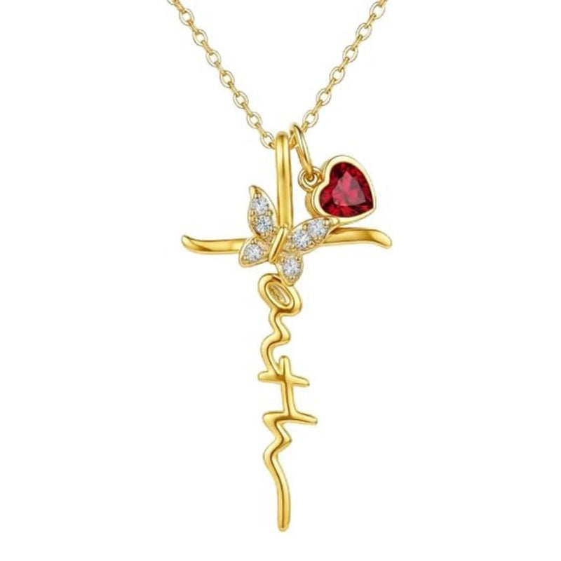 14K Gold Plated  Birthstone  Cross Butterfly Necklace for Women