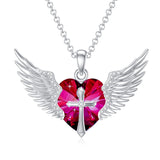 Sterling Silver Birthstone Angel Wings&Cross Pendant Necklace