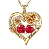 14K Gold Plated Double Heart Birthstone Rose Pendant Necklace for Women