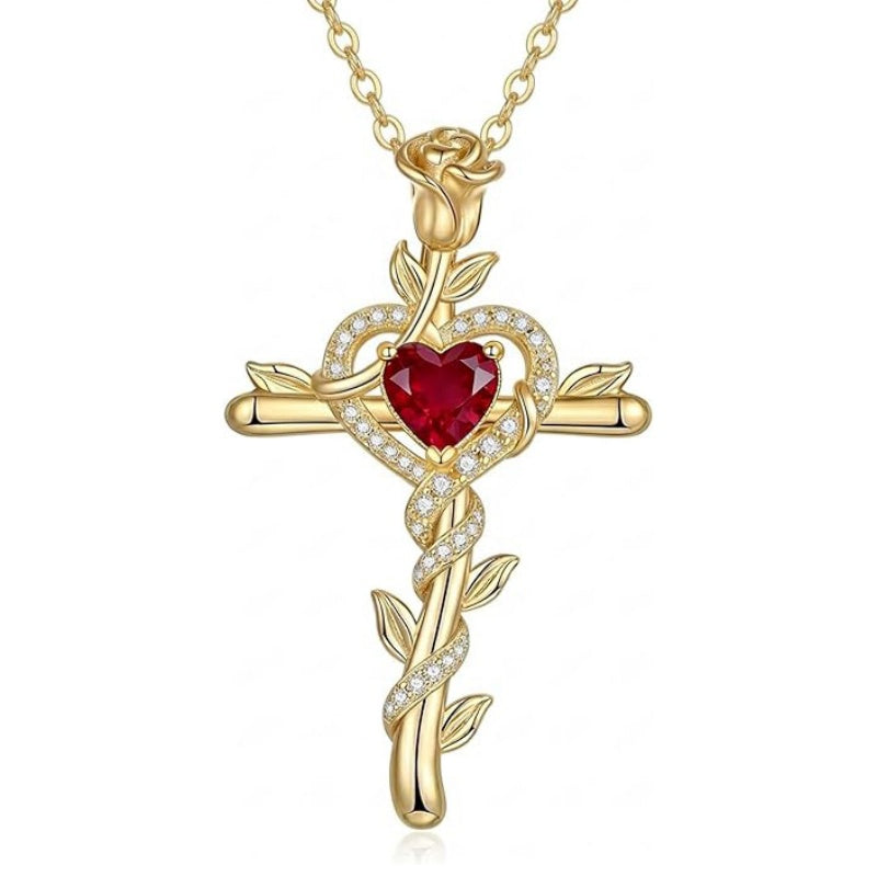14K Gold Plated Heart Birthstone Rose Cross  Pendant Necklace  Religious Christian Jewelry for Women