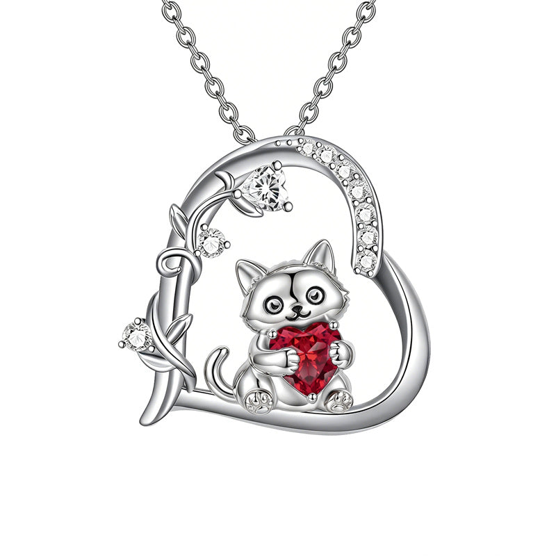 Sterling Silver Birthstone  Cat Pendant Necklace for Women