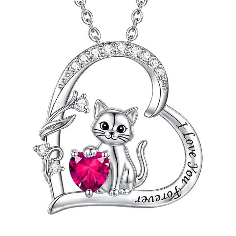Sterling Silver Birthstone Cat Pendant Necklace Jewelry Christmas Birthday Gifts for Women