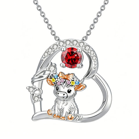 Sterling Silver Round Heart Birthstone Highland Cow Pendant Necklace Fluffy Cow Jewelry Gifts Birthday Christmas