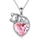 Sterling Silver Heart Birthstone Cat Pendant Necklace