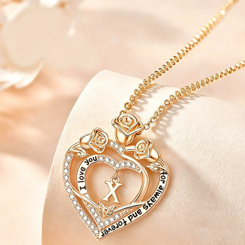 14K Gold Plated Rose Heart Initial Necklace Engraved with I Love You for Always and Forever  for Women