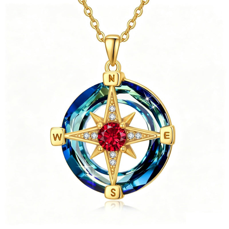 14K Gold Plated Crystal Compass Pendant Necklace Graduation Jewelry Inspirational Travel Valentine's Day Gift