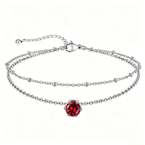 Sterling Silver  Round Birthstone Double Layer Charm Anklet