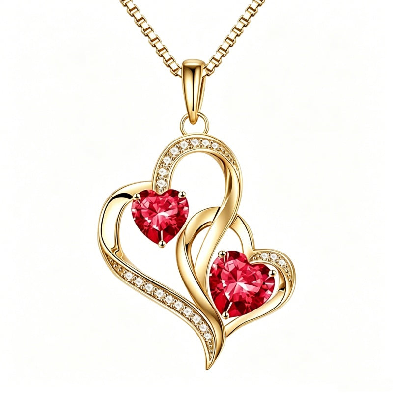14K Gold Plated Double Heart Birthstone Necklace Anniversary Birthday Gifts