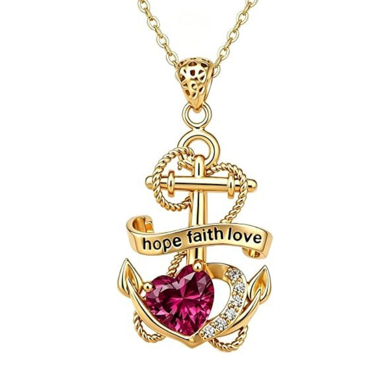 14K Gold Plated Heart Birthstone Anchor Necklace Engraved with Hope Faith Love