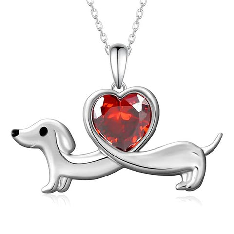 Sterling Silver Heart Birthstone  Dachshund Pendant Necklace