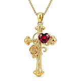 14K Gold Plated Heart Shape Birthstone Rose Flower Cross Necklace for Women  Religious Christian Jewelry