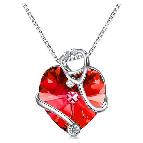 Sterling Silver Heart Crystal Stethoscope Pendant Necklace