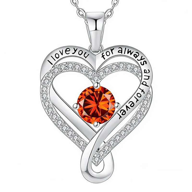 Sterling Silver 12 Month Birthstone Double Heart Pendant Necklace  Engraved with I Love You for Always and Forever