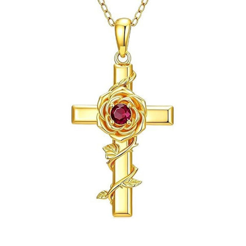 Birthstone Cross 14K Gold Plated Pendant Rose Cross Necklace for Women