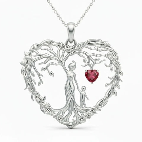 Sterling Silver Heart Pendant Birthstone Tree of Life Mother Child Family Necklace