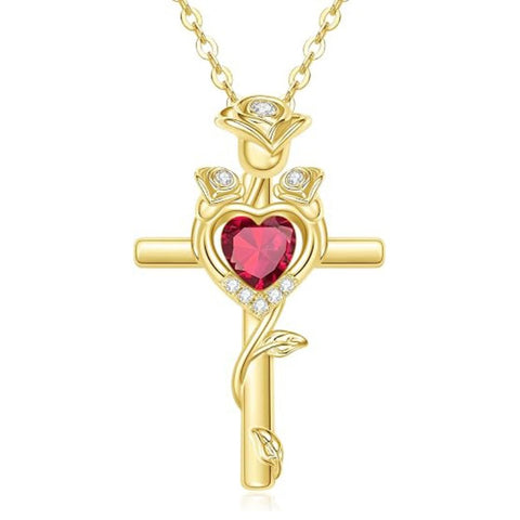 14K Gold Plated Birthstone Rose Cross Necklace for Women Faith Jewelry Gift