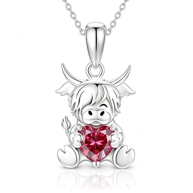 Sterling Silver Birthstone Highland Cow Pendant Necklace Birthday Christmas Gift