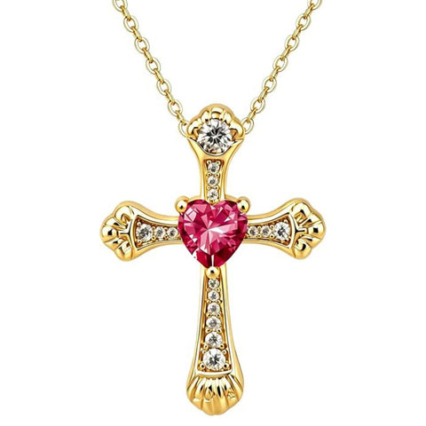 14K Gold Plated Heart Cut Cubic Zirconia Cross  Pendant Necklace For Women Religious Faith Jewelry