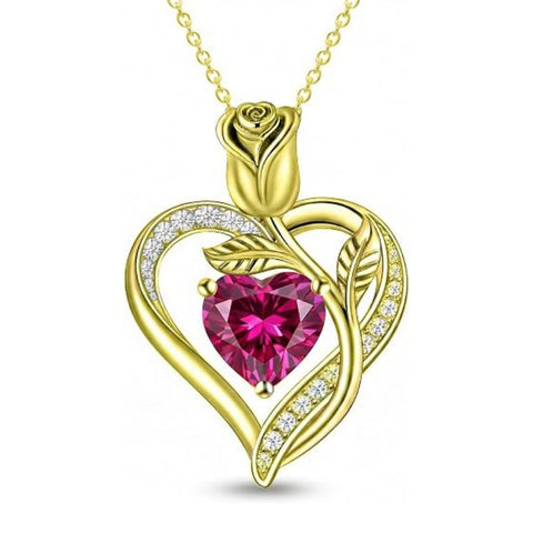 14K Gold Plated 12 Months Birthstone Rose Flower Pendant Necklace Anniversary Birthday Gift