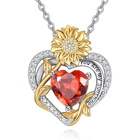 Sterling Sliver Birthstone Love Heart & Sunflower Pendant Necklace Engraved With You Are My Sunshine
