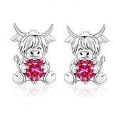 Sterling Silver 12 Month Birthstone Highland Cow Stud Earrings Christmas Gift