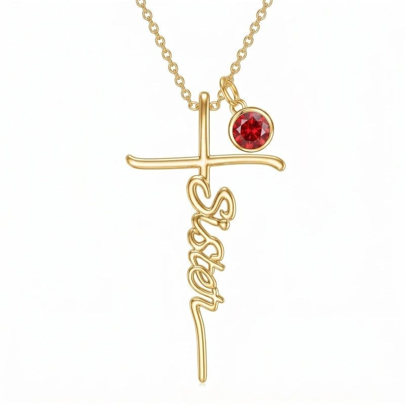 14K Gold Plated Birthstone Sister Cross  Pendant Necklace