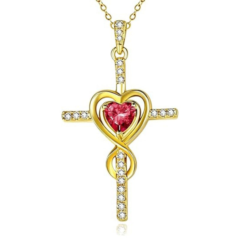 14K Gold Plated Dainty Heart Birthstone Pendant Cross Necklace for Women Religious Gift