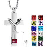 Stainless Steel Birthstones Cross Urn Necklaces for Ashes