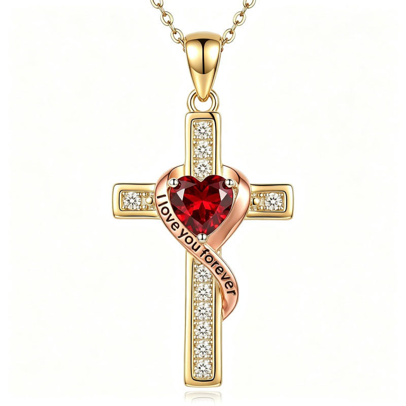 14K Gold Plated  Birthstone Cross Necklace Engraved I Love You Forever