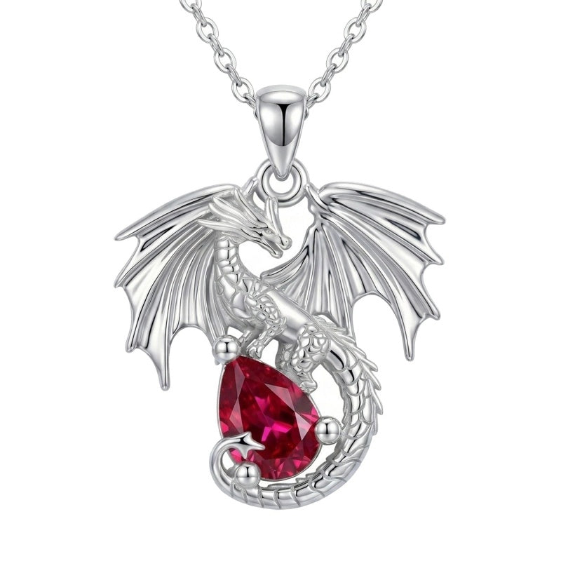 Sterling Silver Dragon Birthstone Necklace Jewelry Gifts for Dragon Lovers, Birthday Anniversary