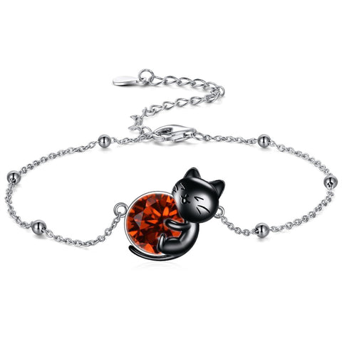 Sterling Silver Cat Birthstone Single Layer Anklet