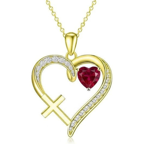 14K Gold  Plated 12 Months Birthstone  Heart Cross Pendant Necklace  for Women
