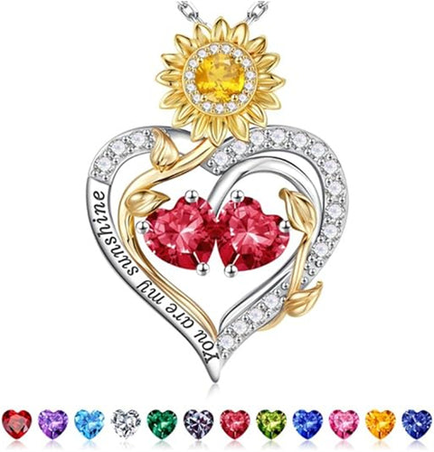 Sterling Silver Double Heart Birthstone Sunflower Necklace Engraved with You Are My Sunshine