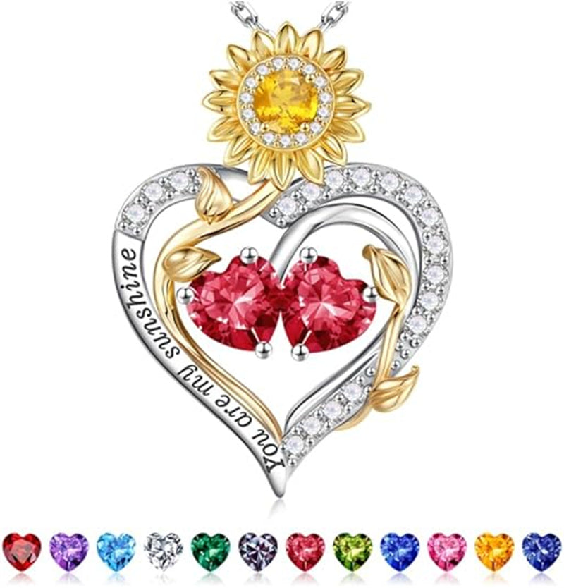 Sterling Silver Double Heart Birthstone Sunflower Necklace Engraved with You Are My Sunshine