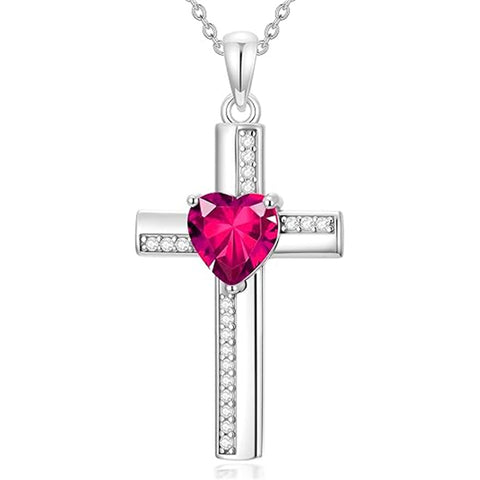 Sterling Silver 12 Birthstones Cross Religious Necklace for Women