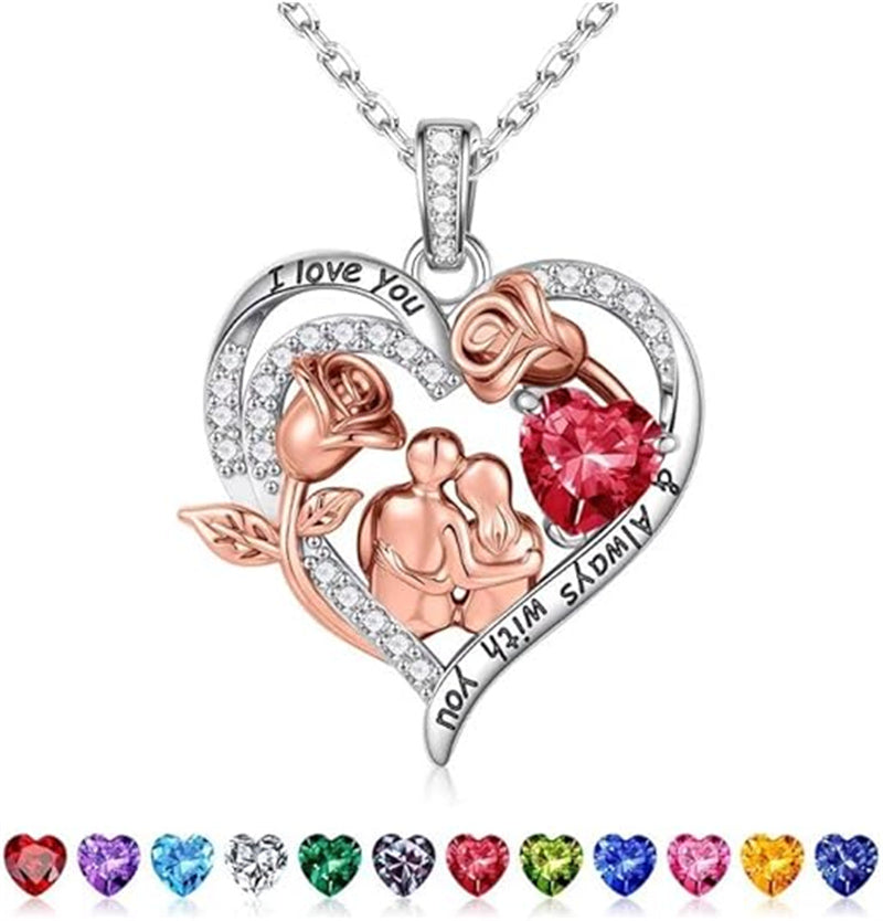 Sterling Silver Heart Birthstone Couple Hugging Necklace for Women Valentine's Day Gift