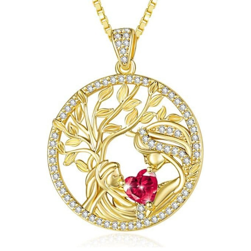 14K Gold Plated Birthstone Tree of Life Mother Child Necklace for Women