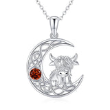 Sterling Silver 12 Months Birthstone Highland Cow Pendant Necklace