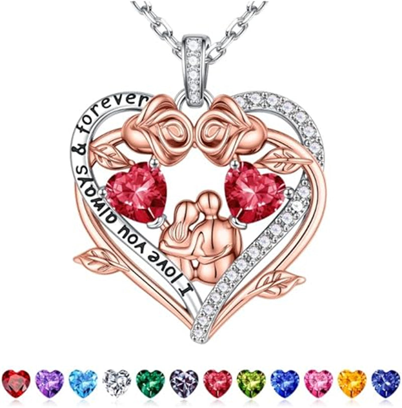 Sterling Silver Heart Birthstone Couple Hugging Necklace for Women Valentine's Day Gift