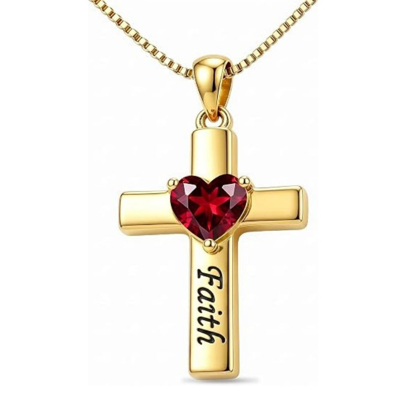 14K Gold Plated Heart Birthstone Cross Necklace for Women Engraved with Faith